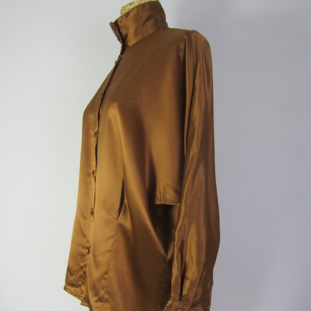 Vtg Stefano Studio Women 4 Brown High Neck 100% Silk Shirt Covered Buttons S 80s - Picture 2 of 9